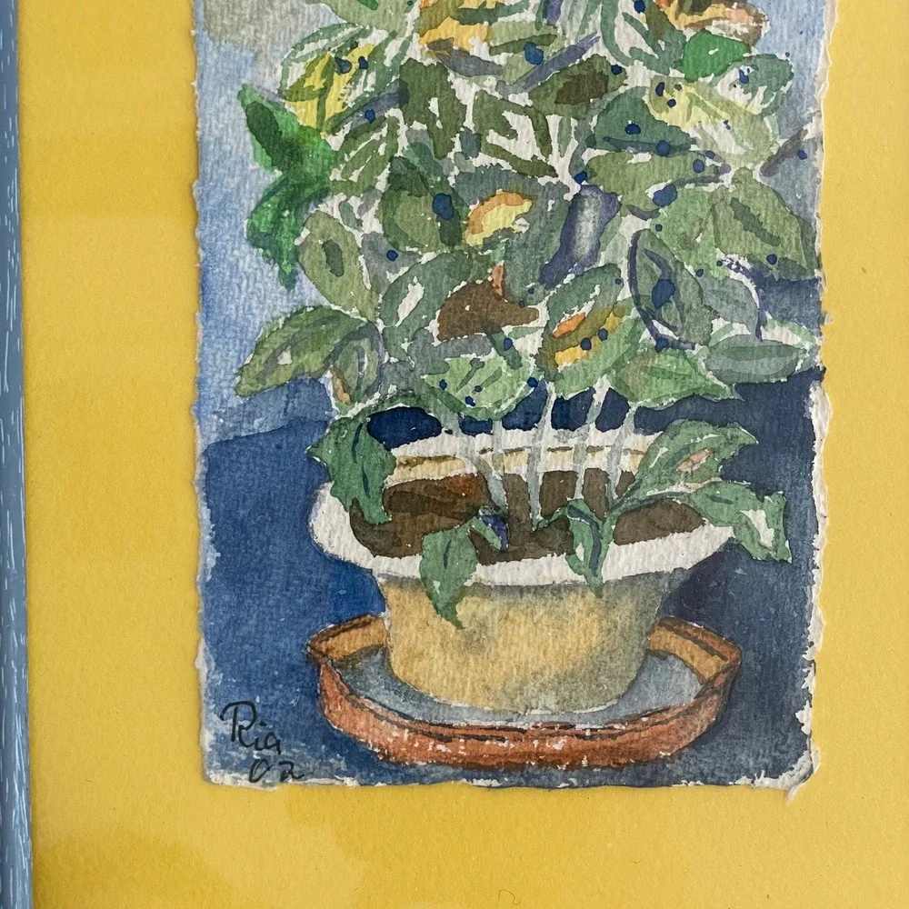 Original‎ Watercolor Art Plants Bright Colorful Signed Frames Set Small
